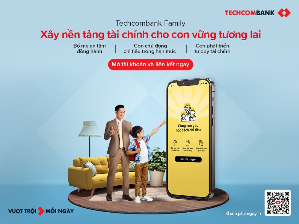 Techcombank đã ra mắt tính năng Techcombank Family - cho phép phụ huynh có thể mở tài khoản thanh toán liên kết cho con từ 11 tuổi trở lên