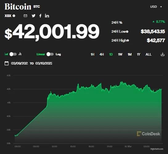 Giá bitcoin ngày 10/3: Bitcoin bất ngờ tăng vọt lên 42.000 USD
