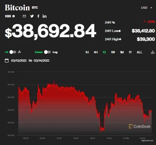 Giá bitcoin ngày 14/3: Bitcoin giảm nhẹ về dưới ngưỡng 39.000 USD