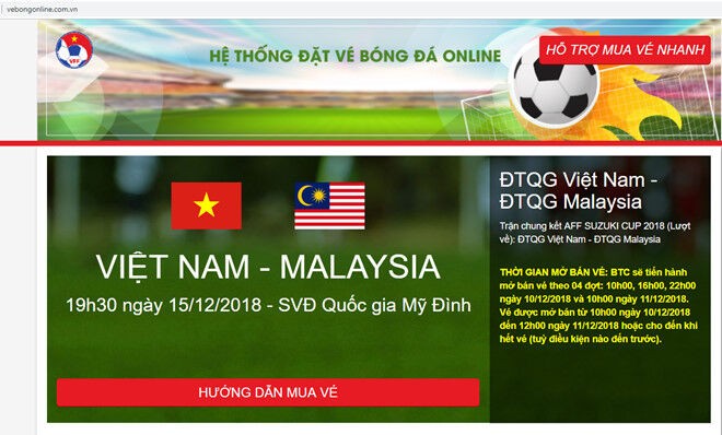 Trang bán vé online xem chung kết AFF Cup bị giả mạo