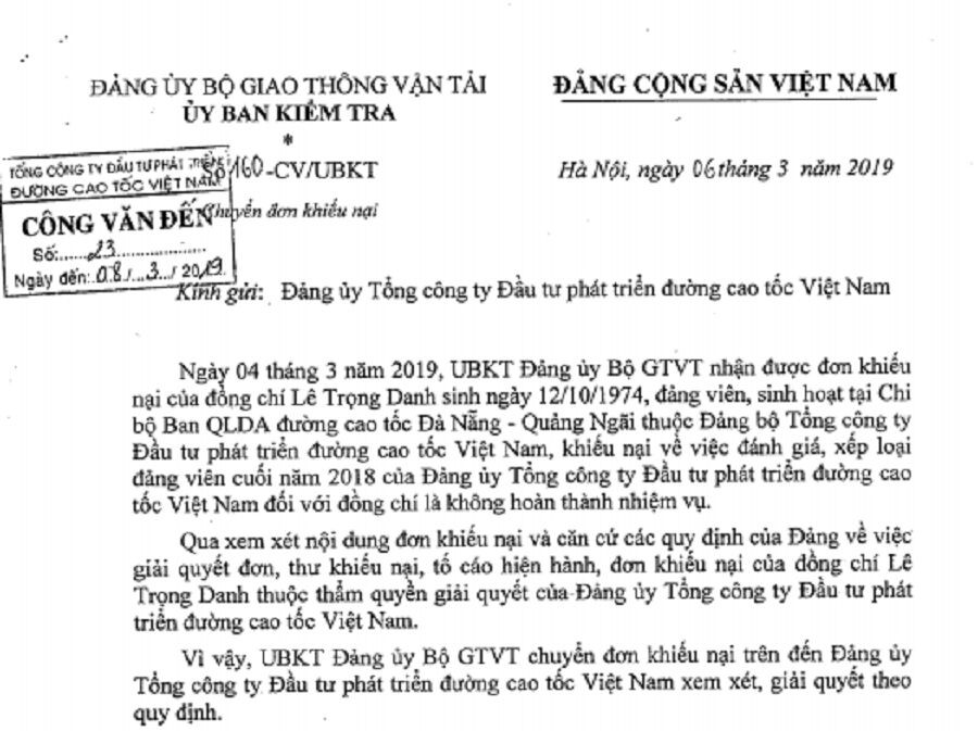 Bộ GTVT chuyển đơn khiếu nại VEC của kỹ sư Lê Trọng Danh về... VEC xử lý