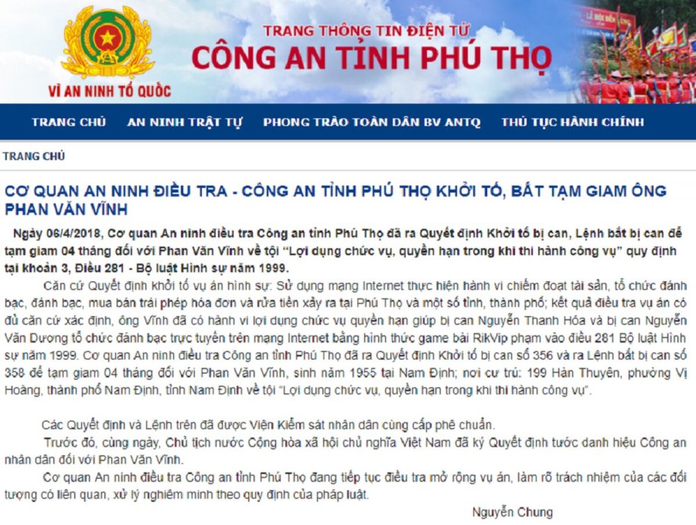 Công an tỉnh Phú Thọ thông tin chính thức về việc bắt tướng Phan Văn Vĩnh
