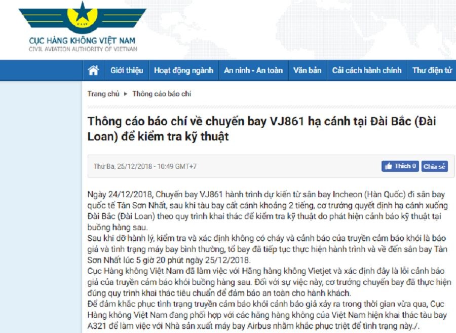 Chuyến bay VJ861 của Vietjet hạ cánh tại Đài Loan để kiểm tra kỹ thuật?
